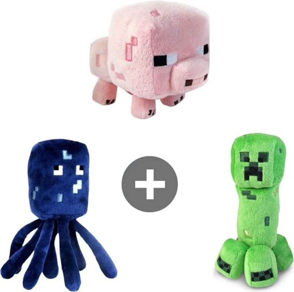JAZWARES Minecraft Plüschtiere 3er Set - Plüsch - Schlingpflanze/Schwein/Oktopus - Ca. 22 Cm - Spielzeug