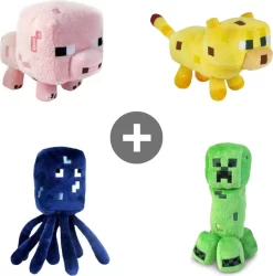 JAZWARES Minecraft Plüschtiere 4er Set - Plüsch - Spielzeug - Kuscheltier - Oktopus/Katze/Kriechpflanze/Schwein - Ca. 22 Cm