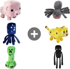 JAZWARES Minecraft Plüschtiere 6er Set - Plüsch - Spielzeug - Spider/Enderman/Creeper/Schwein/Tintenfisch/Katze - Ca. 22 Cm
